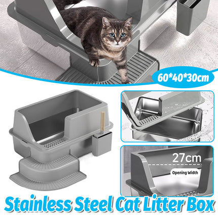 Semi Enclosed Large Stainless Steel Cat Litter Box Durable Easy Clean Cat Toilet