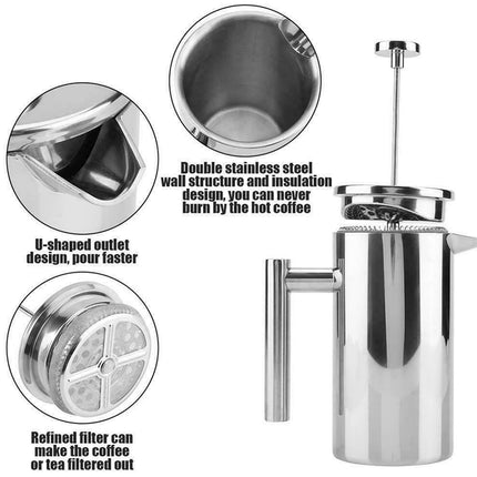 French Press Coffee Pot 600ml 304 Stainless Steel for Home Office Tea Coffee