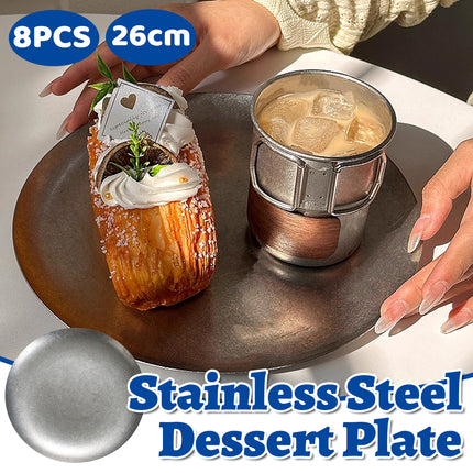 8 Pcs Stainless Steel Round Dessert Plates Set 26cm Non Slip Cake Snack Serving