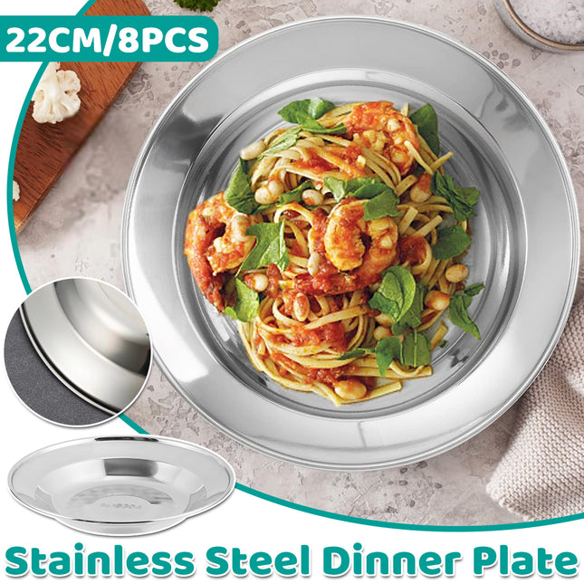 8PCS Stainless Steel Dinner Plates 8.66in Round Food Grade Tableware Durable