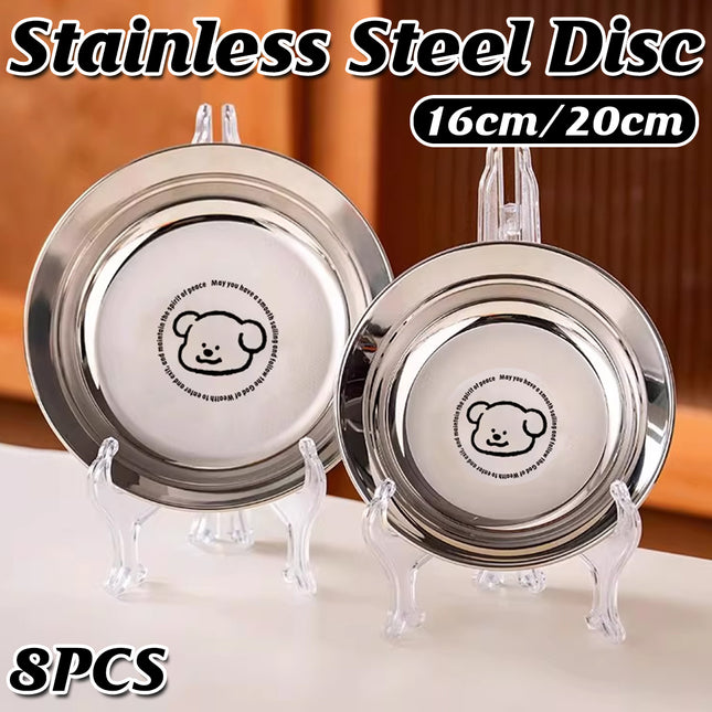 8PCS Stainless Steel Round Plate Cute Cartoon Dinnerware 2 Sizes