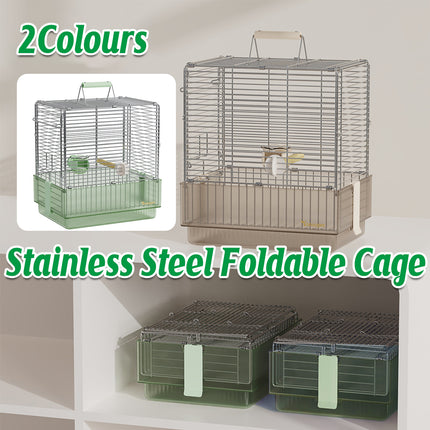 Folding Stainless Steel Bird Cage Travel Carry Parrot Budgie Parrot Cage