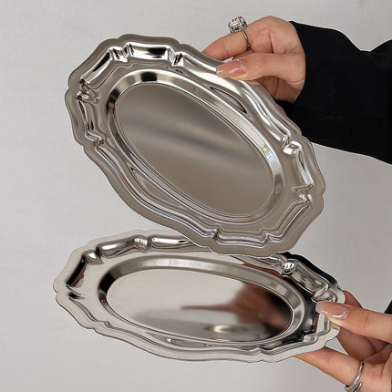 2PCS Stainless Steel Lace Dessert Plate 2 Sizes for Home Party Decor