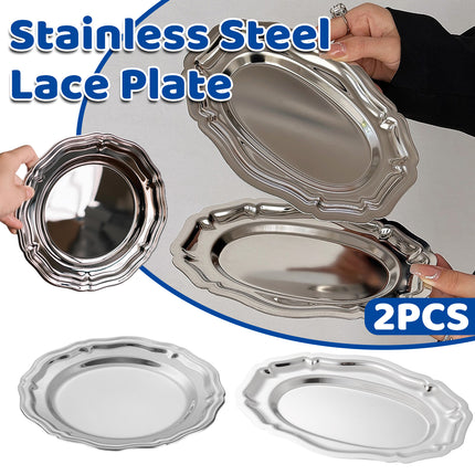 2PCS Stainless Steel Lace Dessert Plate 2 Sizes for Home Party Decor