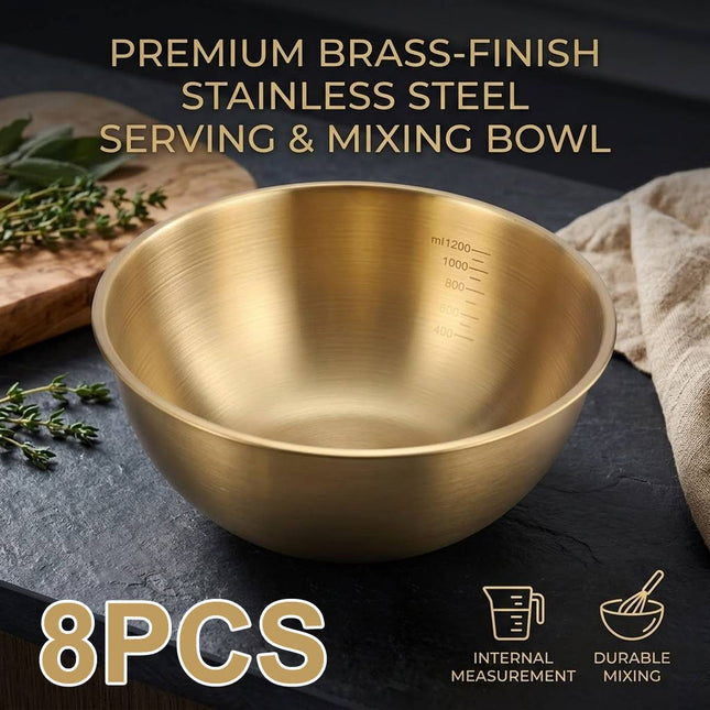 Stainless Steel Mixing Bowl Set 8 Pieces Gold 1200ml Salad Noodle Serving Bowls