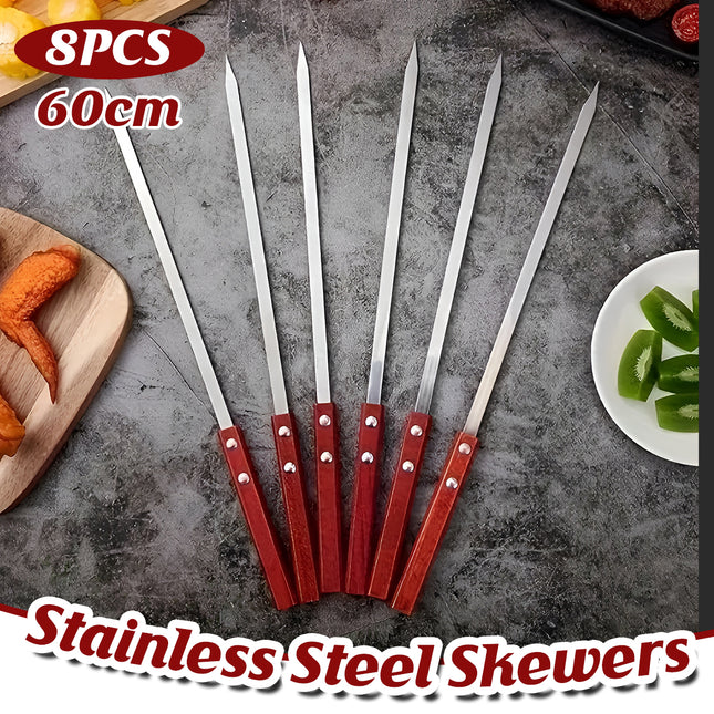 Stainless Steel BBQ Large Wooden Handle Flat Skewer Heat Resistant Easy Clean