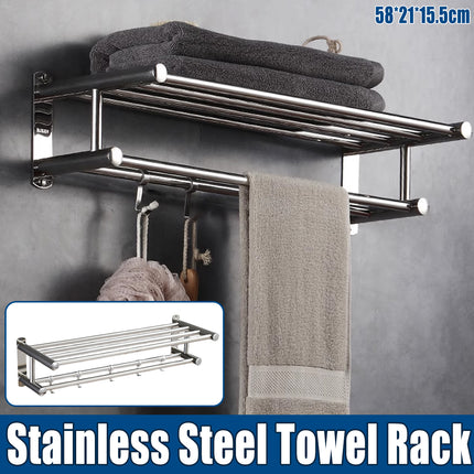 No Drill Stainless Steel Towel Rack Bathroom Storage Shelf Waterproof Rustproof