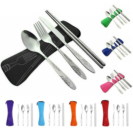 4 Pcs Cutlery Travel Knife Fork Portable Bag Stainless Steel Spoon Chopstick Set - Aimall