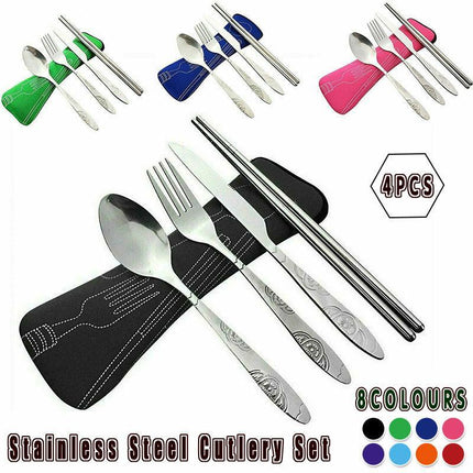 4 Pcs Cutlery Travel Knife Fork Portable Bag Stainless Steel Spoon Chopstick Set - Aimall