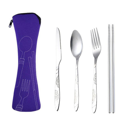 4 Pcs Cutlery Travel Knife Fork Portable Bag Stainless Steel Spoon Chopstick Set - Aimall