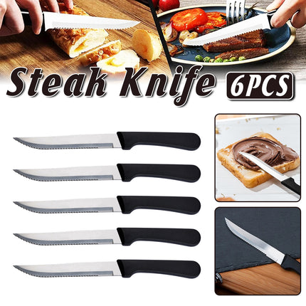 6pcs Stainless Steel Steak Knife Black Plastic Handle Cutlery For Kitchen Dining