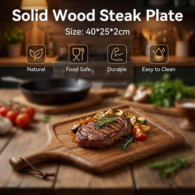 40cm Solid Wood Steak Serving Board Wooden Pizza Plate with Handle Hanging Loop