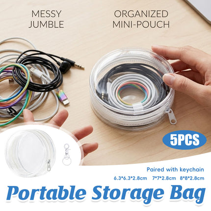 Clear Round Cable Storage Pouches 5 Pack Three Sizes