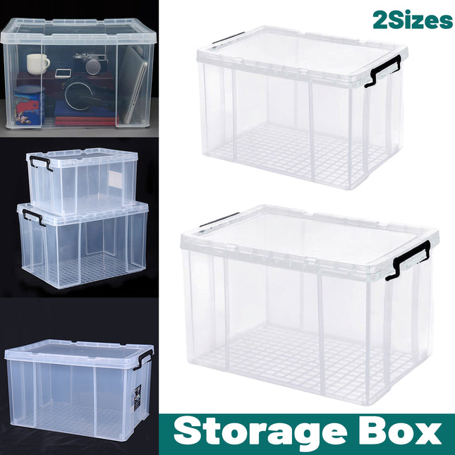 Clear Plastic Storage Box Stackable Large Capacity With Lid Handle Home Use