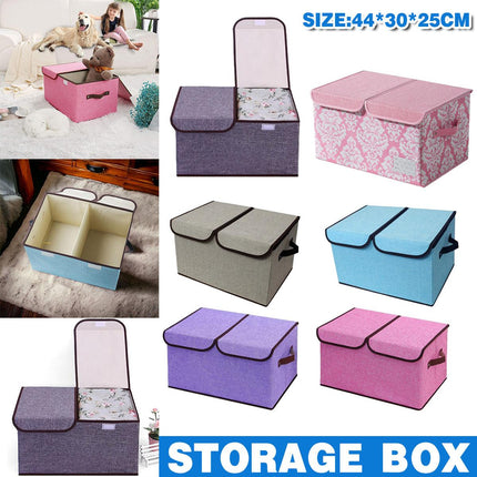 Large Foldable Cotton Linen Double Lid Storage Box Clothing Organizer for Dormitory