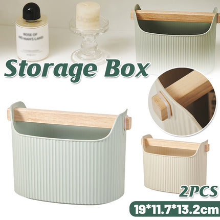 Desktop Storage Box 2PCS Ribbed Solid Wood Handle Cream Mint Home Bathroom
