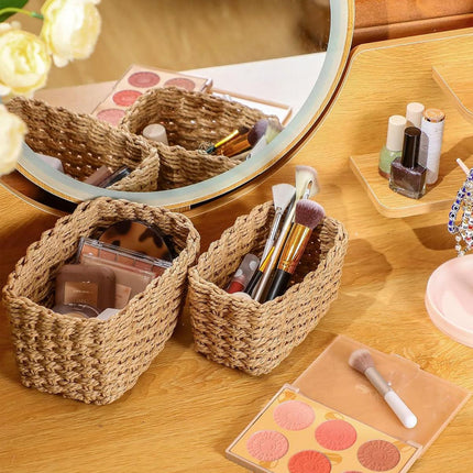 4pcs Woven Storage Basket Straw Organizer Desktop Clutter Storage Bins for Home