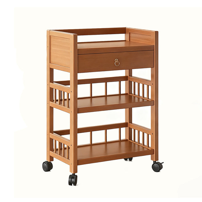 3 Tier Bamboo Rolling Storage Cart with Drawer Floor Standing Home Organiser