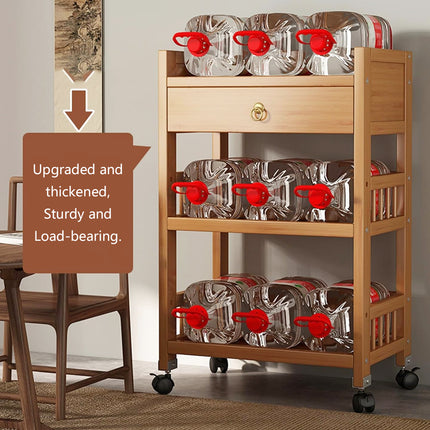 3 Tier Bamboo Rolling Storage Cart with Drawer Floor Standing Home Organiser