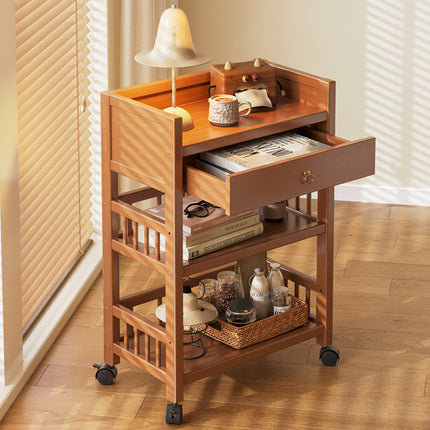 3 Tier Bamboo Rolling Storage Cart with Drawer Floor Standing Home Organiser