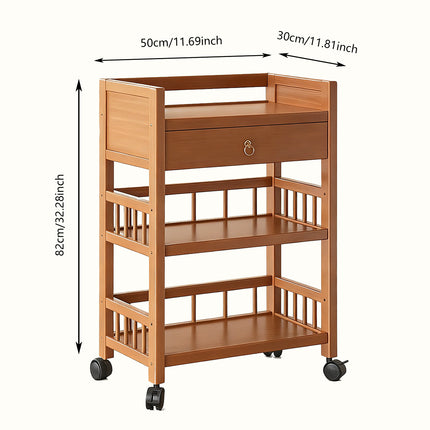 3 Tier Bamboo Rolling Storage Cart with Drawer Floor Standing Home Organiser