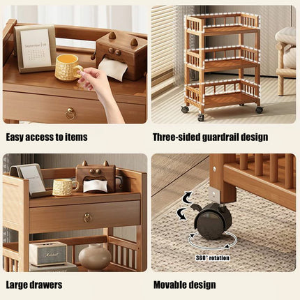 3 Tier Bamboo Rolling Storage Cart with Drawer Floor Standing Home Organiser