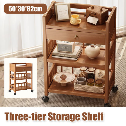 3 Tier Bamboo Rolling Storage Cart with Drawer Floor Standing Home Organiser