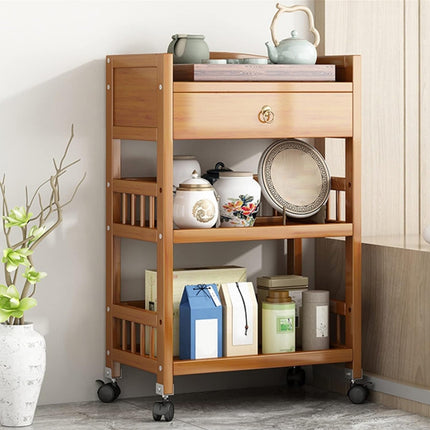 3 Tier Bamboo Rolling Storage Cart with Drawer Floor Standing Home Organiser