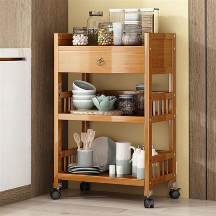 3 Tier Bamboo Rolling Storage Cart with Drawer Floor Standing Home Organiser