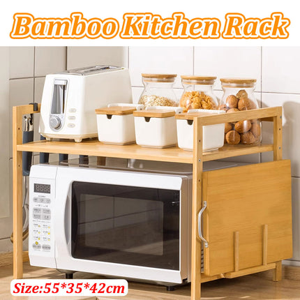 2 Tier Bamboo Microwave Oven Stand Rack Kitchen Condiment Holder with Hooks