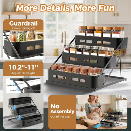 3 Tier Kitchen Counter Spice Rack Adjustable Carbon Steel Seasoning Organiser