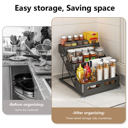 3 Tier Kitchen Counter Spice Rack Adjustable Carbon Steel Seasoning Organiser