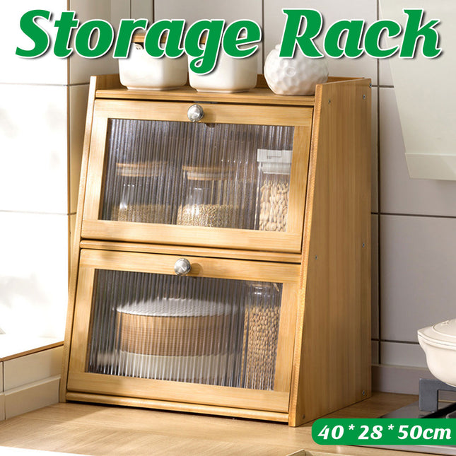 Bamboo Kitchen Storage Rack 3 Tier Acrylic Doors Spice 40 x 28 x 50cm