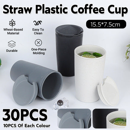 30PCS Straw Plastic Coffee Cups with Lids for Cold Drinks Party Use 3 Colours