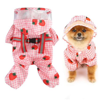 Strawberry Checkered Cat Raincoat Outdoor Rainy Days Dog Raincoat Fashionable