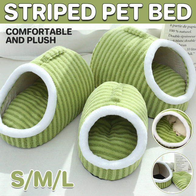 Striped Pet Bed Warm Soft Cat Dog Cave Nest Thickened Cozy Indoor Sleeping