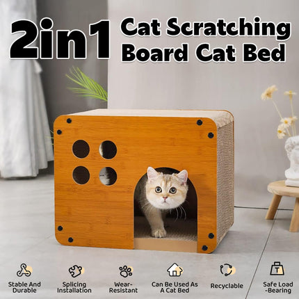 2in1 Wooden Cat Bed Scratching Board Comfortable Pet Furniture For Cats Kittens