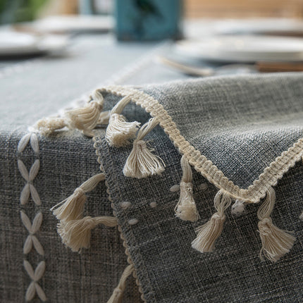 Embroidered Tassel Colored Cotton-Linen Like Geometric Rectangular Tablecloth
