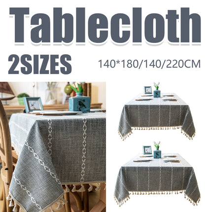 Embroidered Tassel Colored Cotton-Linen Like Geometric Rectangular Tablecloth