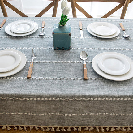 Embroidered Tassel Colored Cotton-Linen Like Geometric Rectangular Tablecloth