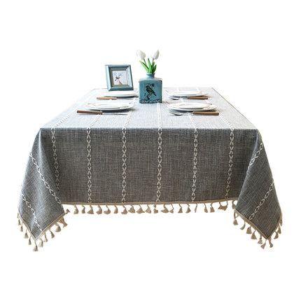 Embroidered Tassel Colored Cotton-Linen Like Geometric Rectangular Tablecloth