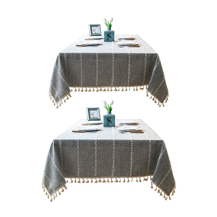 Embroidered Tassel Colored Cotton-Linen Like Geometric Rectangular Tablecloth