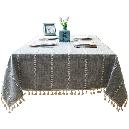 Embroidered Tassel Colored Cotton-Linen Like Geometric Rectangular Tablecloth