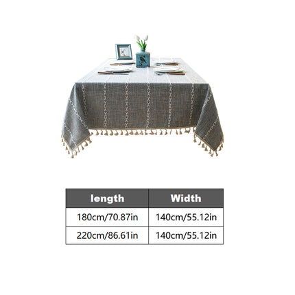 Embroidered Tassel Colored Cotton-Linen Like Geometric Rectangular Tablecloth