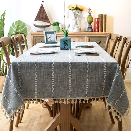 Embroidered Tassel Colored Cotton-Linen Like Geometric Rectangular Tablecloth