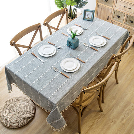 Embroidered Tassel Colored Cotton-Linen Like Geometric Rectangular Tablecloth
