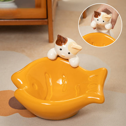 Taiyaki Ceramic Cat Bowl for Food and Water with Non Slip Base for Dogs Cats Use