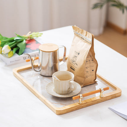 Bamboo Tea Tray with Stone Plastic Base Waterproof Non-Slip Durable