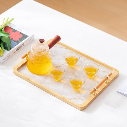 Bamboo Tea Tray with Stone Plastic Base Waterproof Non-Slip Durable