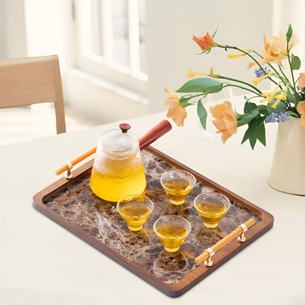 Bamboo Tea Tray with Stone Plastic Base Waterproof Non-Slip Durable